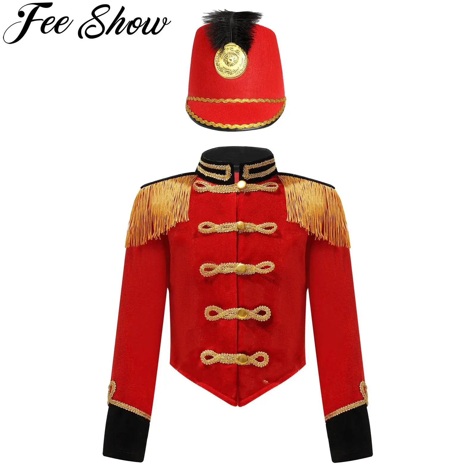 Kids Circus Ringmaster Cosplay Costume Majorette Drummer Marching Band Performance Long Sleeve Fringe Epaulet Jacket with Hat