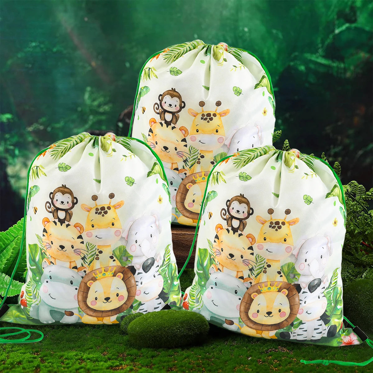 Jungle Animals Print Storage Bags Baby Clothing Kids Toys Organizer Drawstring Candy Bags Custom Logo Picture Kids' Backpack