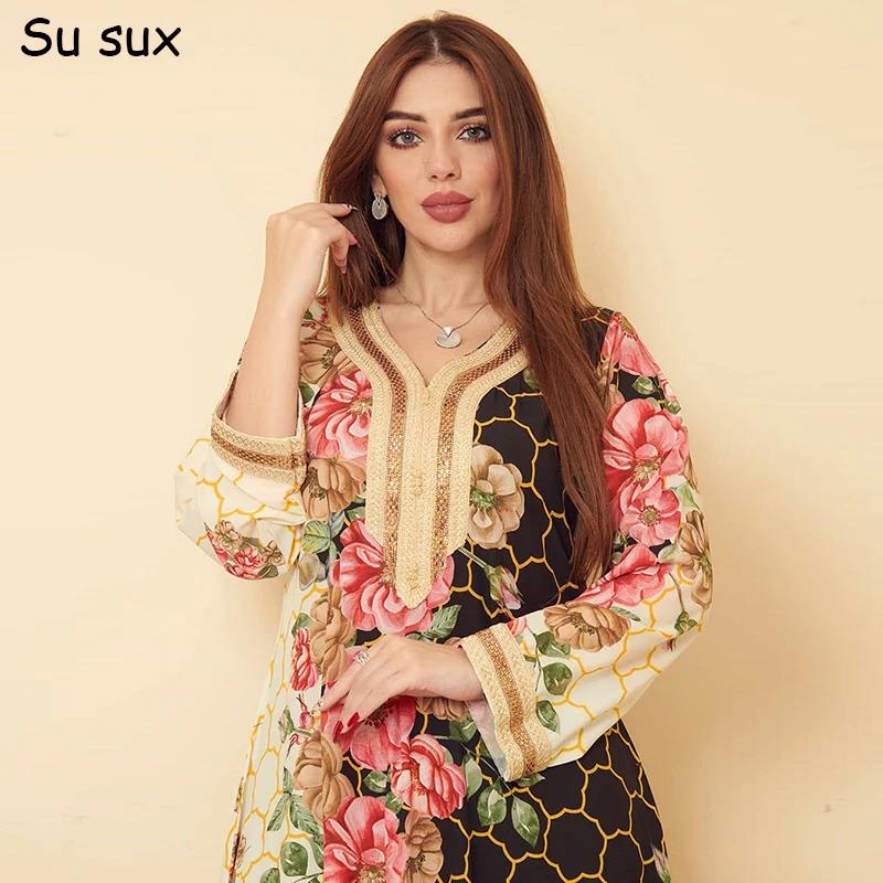 Elegant Ethnic Floral Maxi Dress Abayas For Women Jalabiya Moroccan Kaftan Muslim Evening Party Ramadan Eid Dubai Caftan Jalaba