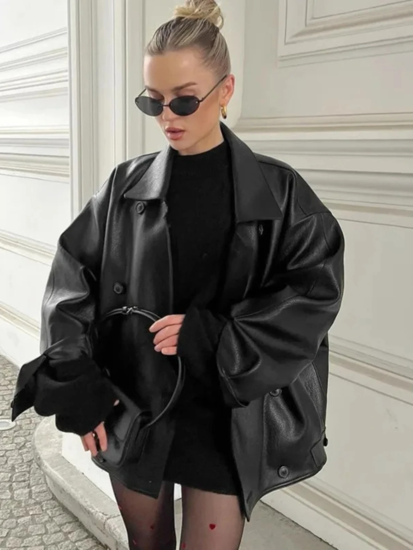 

Куртка из искусственной кожи в винтажном стиле для женщин, с лацканами, двубортная, свободного кроя, укороченная, в стиле High Street