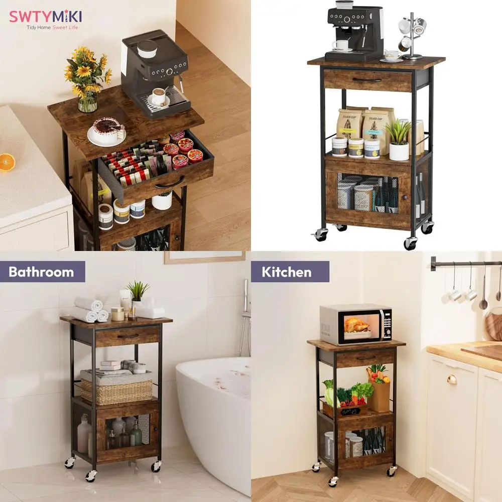 Rolling Kitchen Cart with Storage Drawer and Door Cabinet - Multi-Use Stand for Microwave and Appliances