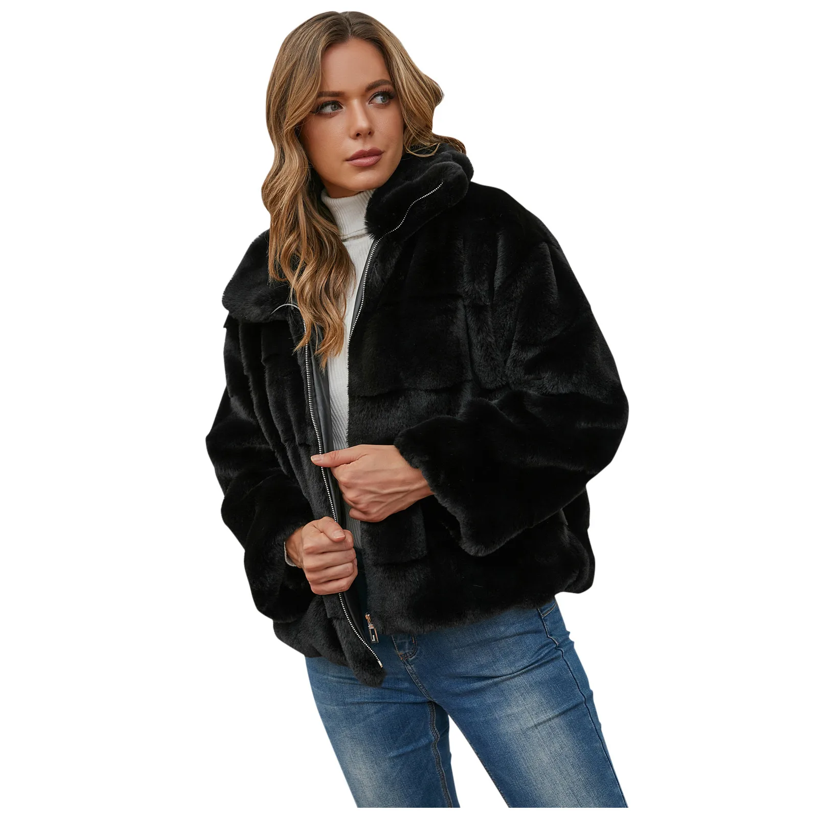 Giacca trapuntata alla moda in pelliccia sintetica da donna con cerniera Capispalla casual in peluche ispessito Cappotto maglione invernale caldo oversize con cappuccio