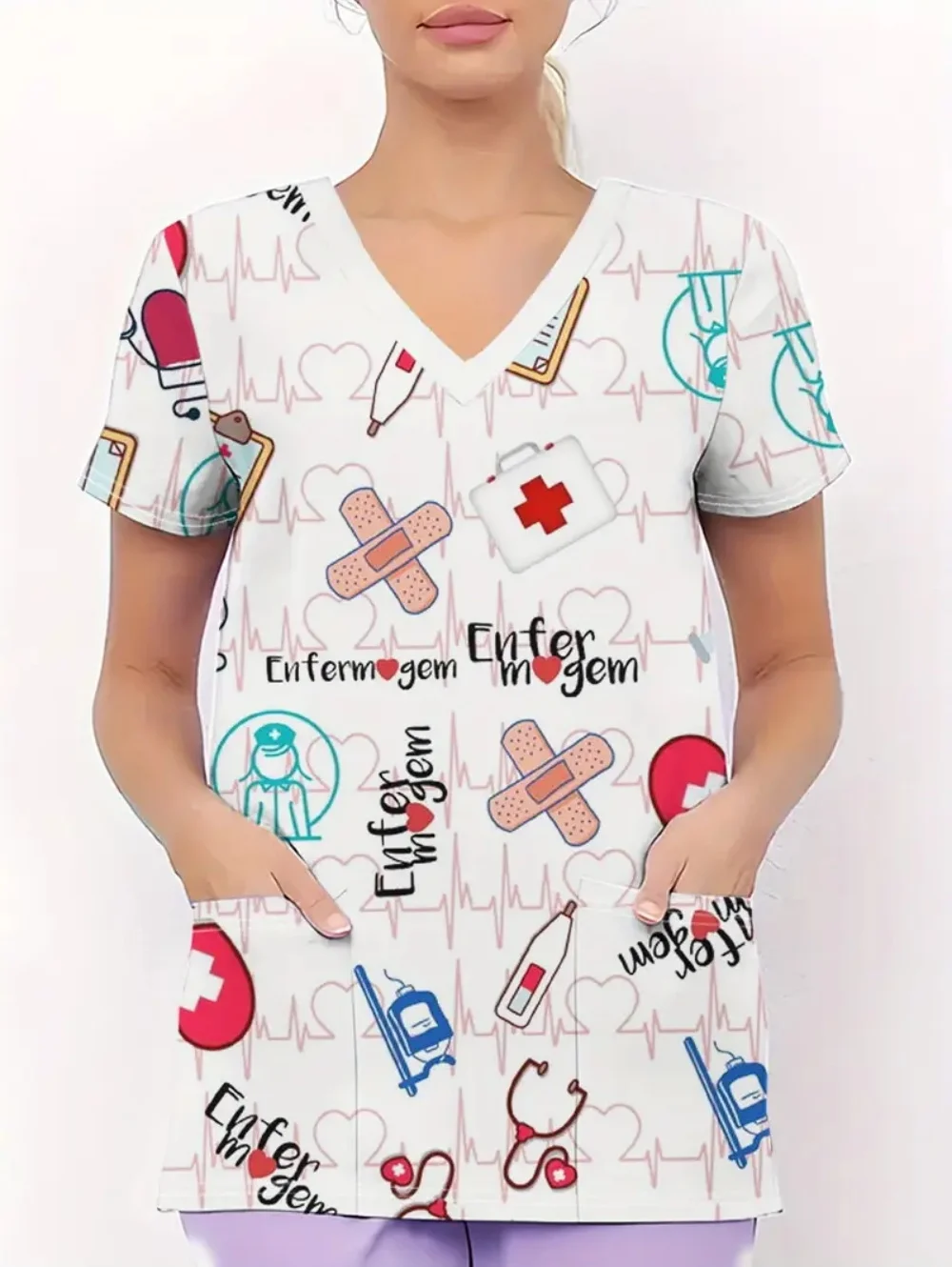 Uniforme de enfermera para mujer, bata de dentista con estampado rosa y lazo a la moda, moda de verano para mujer, manga corta con cuello en V y bolsillos, uniforme clínico
