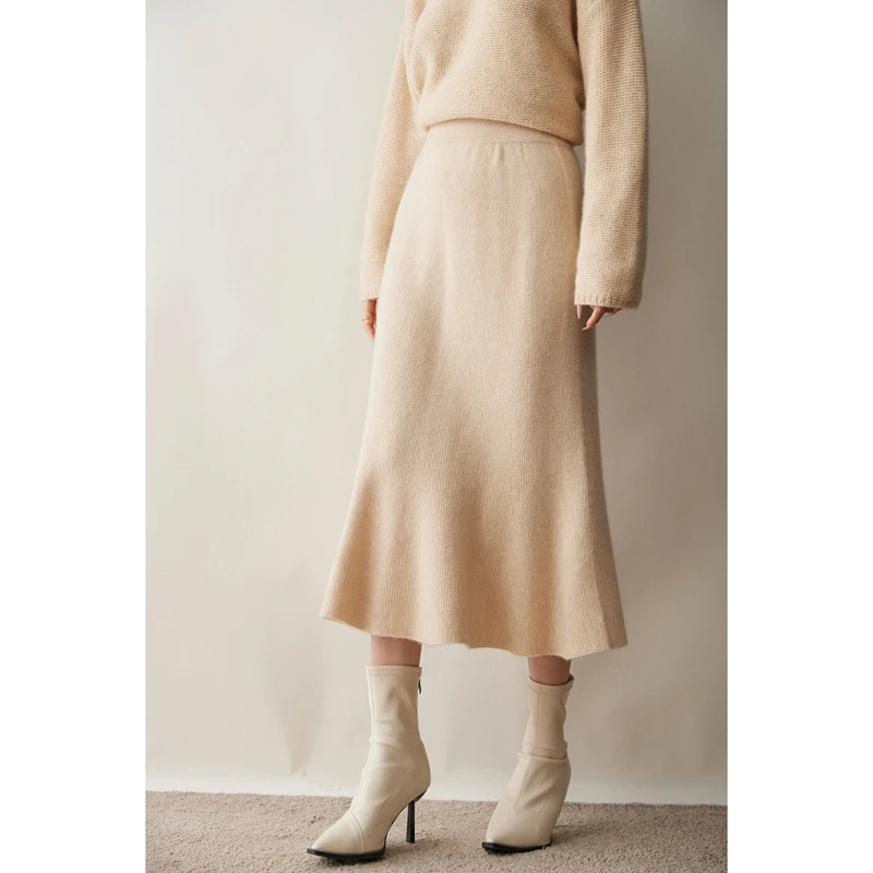 

High Waist Knitted Cashmere Fish Tail Skirt Mid Length Autumn Winter New Style Elegant Women's Pure Cashmere Partial Skirt