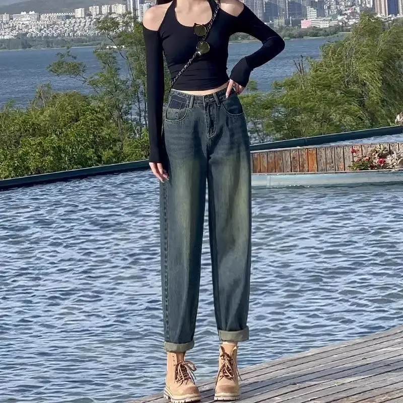 

Женские джинсы-шаровары с высокой талией, винтажная уличная одежда, новинка 2025, облегающие повседневные универсальные джинсовые брюки с широкими штанинами для миниатюрных девочек