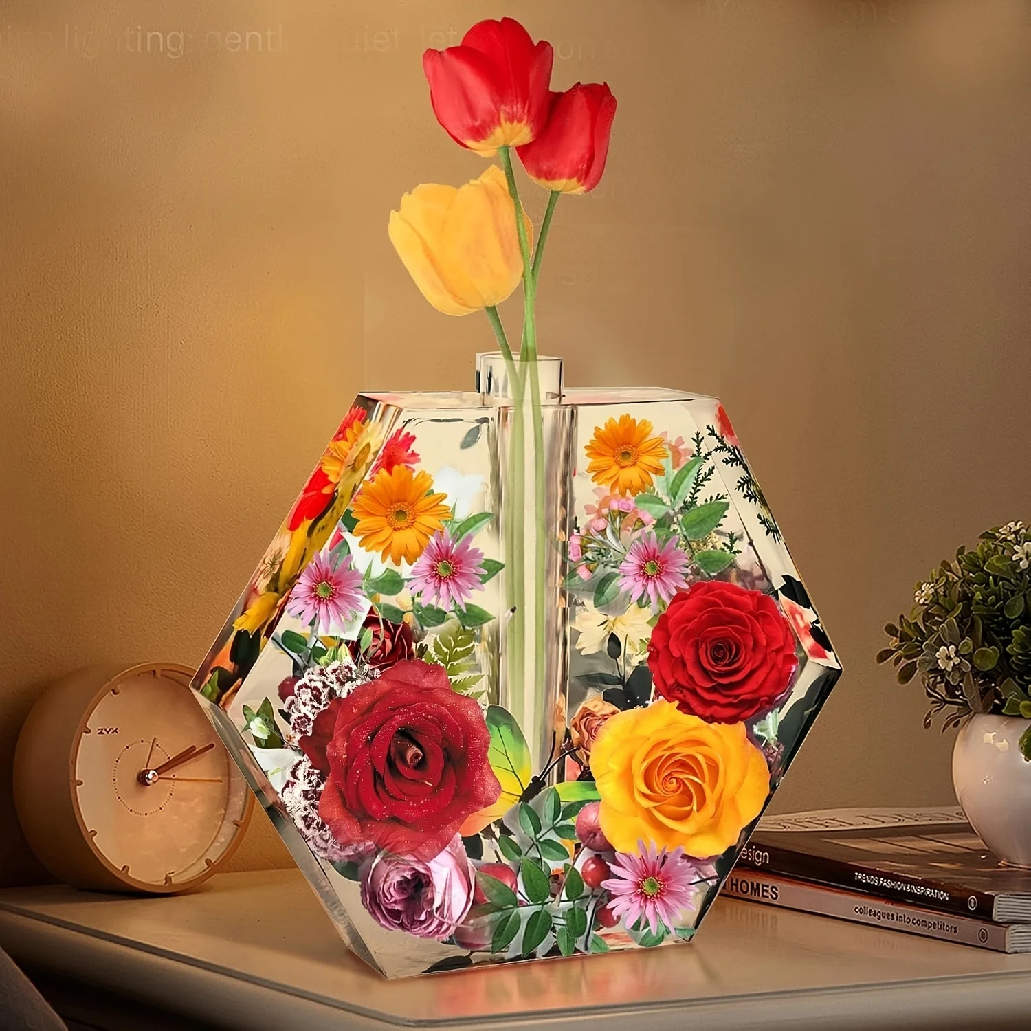 3D hexagonal resin vase silicone mold with 3 test tubes, suitable for flower preservation, birthday gifts, and home decoration