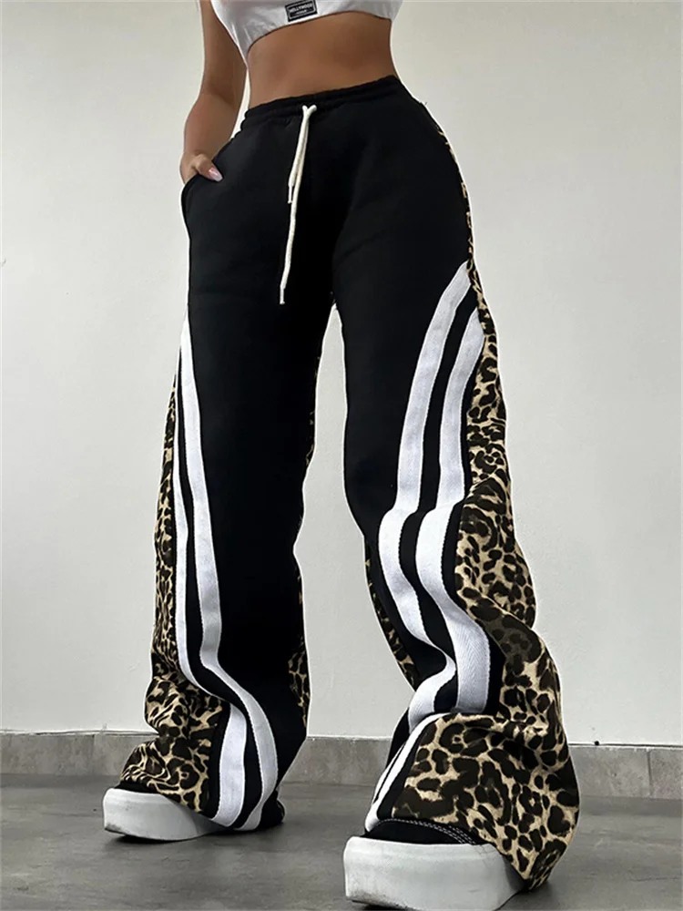 Macheda Stripe Patchwork Flare Pants Women 2025 New Trend Leopard Print Pocket Casual Street Wild Classic Sweatpants Trousers