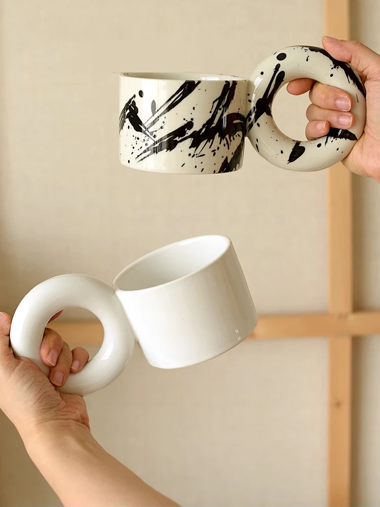 Vintage Ink Art Ceramic Mug with Large Round Handle, Cute Donut Design, Kitchen Drinkware Set, Home Decor