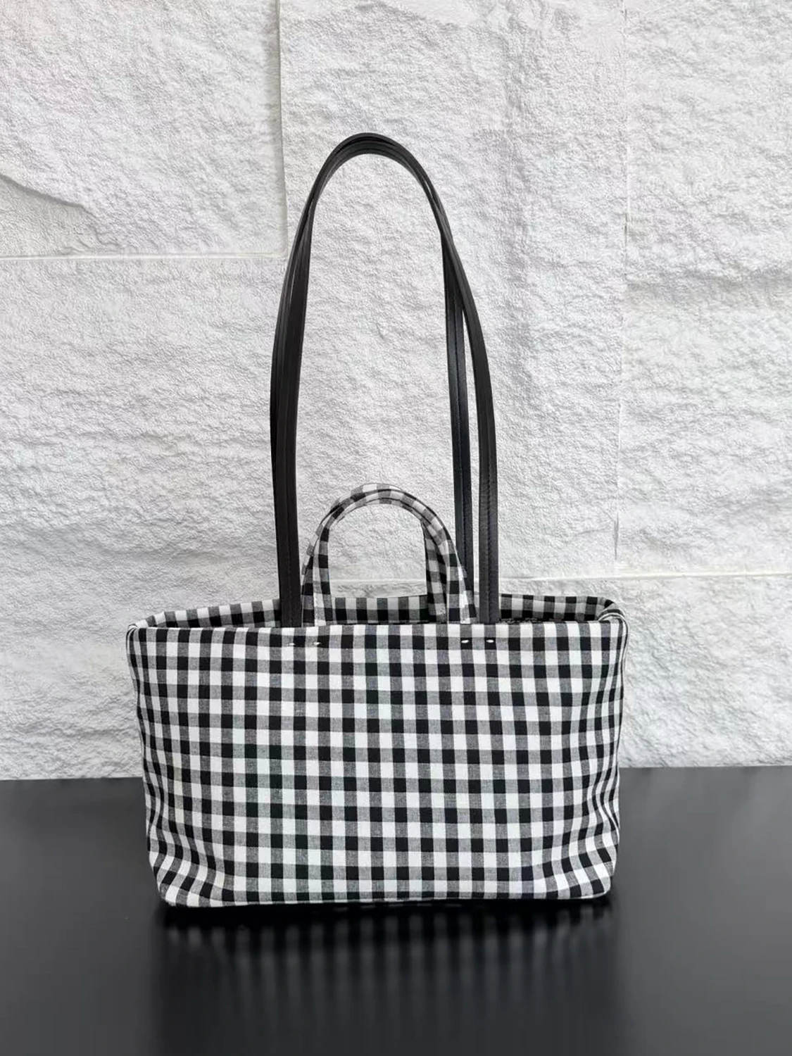 tote-bag-leather-patchwork-linen-canvas-plaid-handheld-beach-shoulder-bag-women's-summer-2026-soft-handle-medium-size-square
