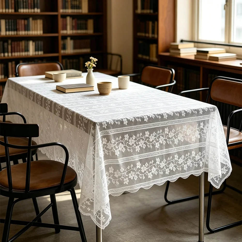 1PC Solid Color Floral Hollow Texture Wavy Edge Tablecloth, Lace Semi-transparent Dust Cover for Dining Room Library Home Decor