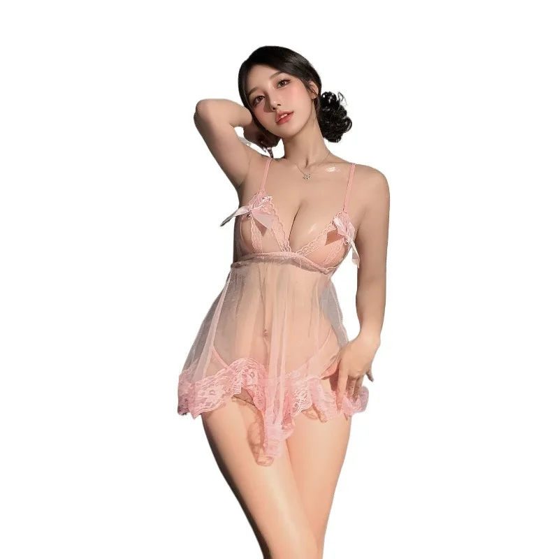 Tornova Sexy Women See-through Lace Hollow Out Backless Interesting Pajamas Slim High Waisted Bow Knot Lace Up Sexy Pajamas Set