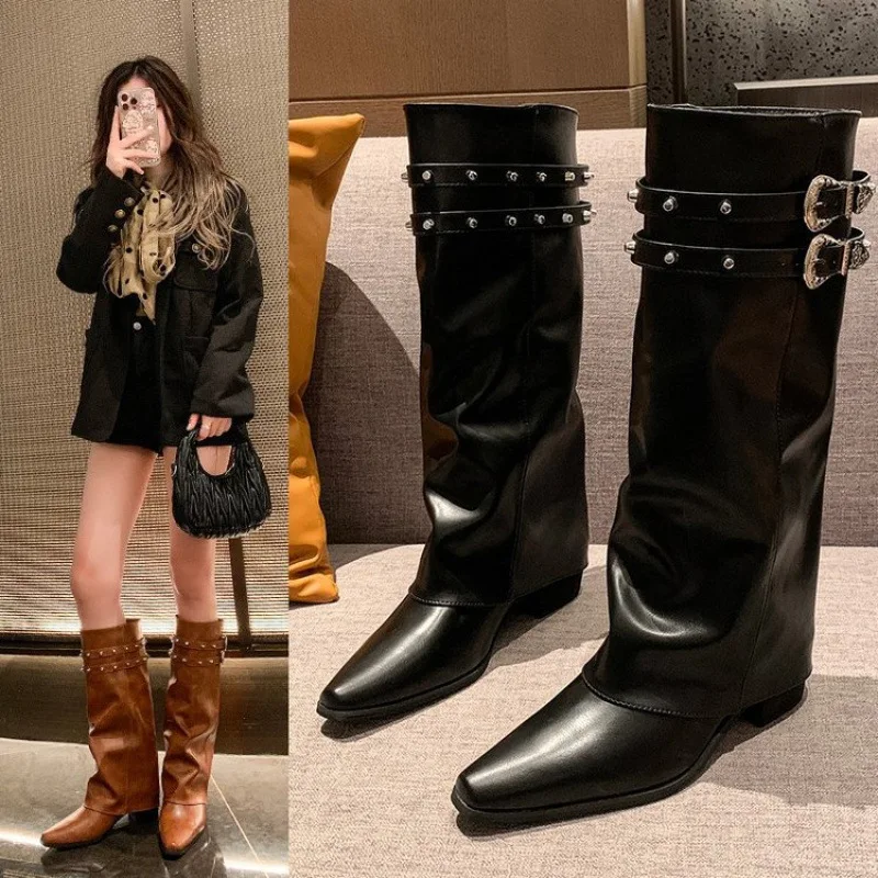 

American Retro Baddie Style Women's Crumpled Knee High Riding Boots with Studs | Slimming Stacked Leather Boots for Pants