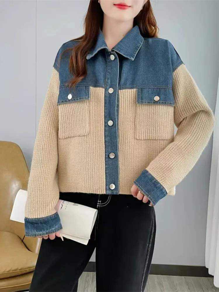 [EWQ] Sweet Patchwork Denim Knitted Patchwork Design Women\'s Khaki Sweater Jacket Autumn 2024 Winter Loose Tops  16O1345