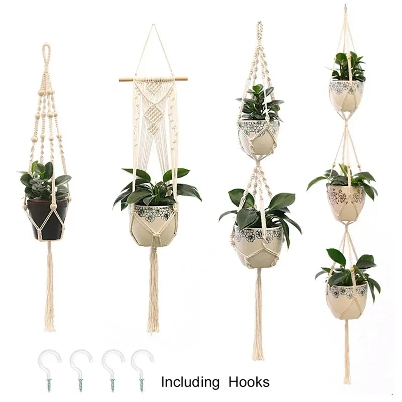 Planta colgante hecha a mano, macramé, colgador de plantas, maceta, decoración de pared, patio, jardín, maceta colgante, cesta colgante