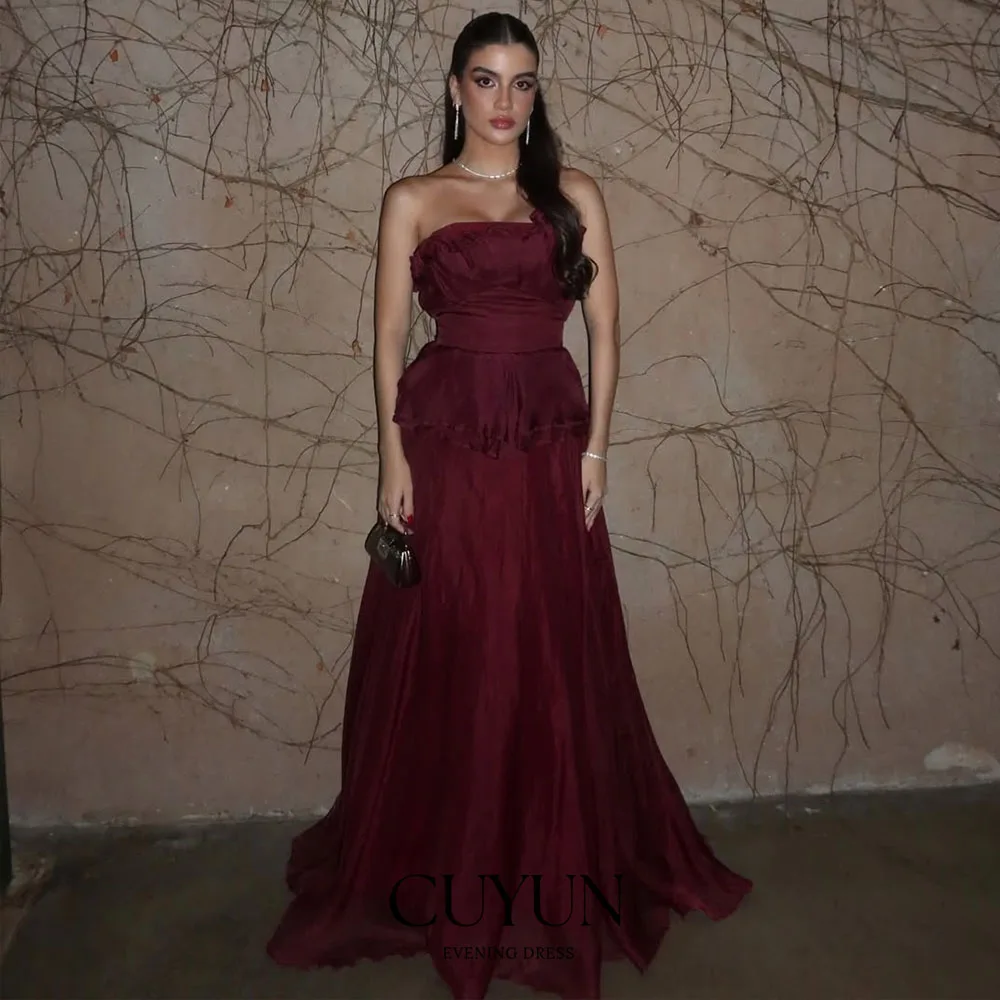 

CUYUN Dark Red Women Prom Dresses Elegant Simple Strapless Party Dress for Dinner Banquet Customized Wedding Guest Outfit