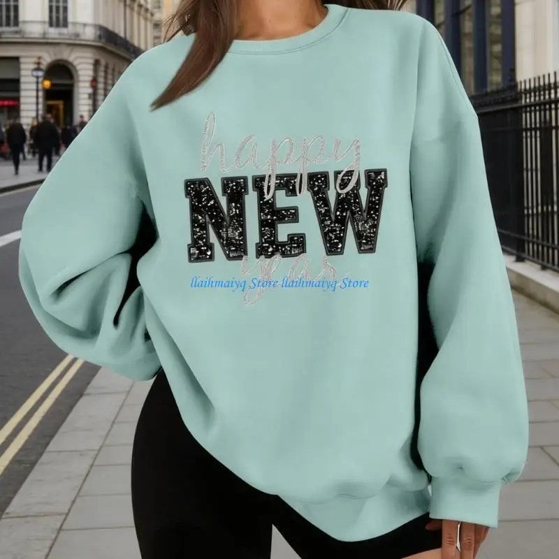 

573B Women's Holiday Sweatshirt Happy New Year Print Letter Graphics Oversized Loose Long Sleeve Pullover Top For New Year Eve