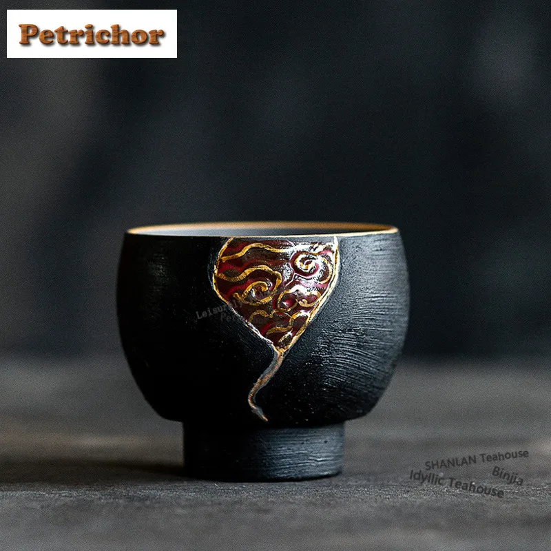 100ml Gold Drawing Large Lacquer Cloud Teacup Zen Tea Bowl Cute Cup Tea-tasting Meditation Cup Jianzhan Master Cups Drinkware