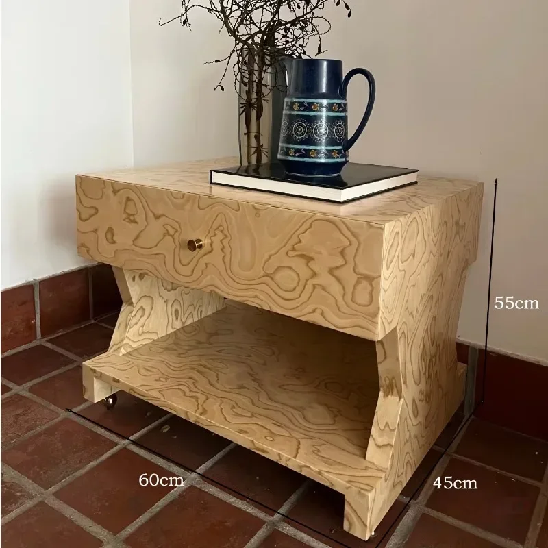 Mid-century style living room side table, minimalist knot wood veneer headboard storage cabinet