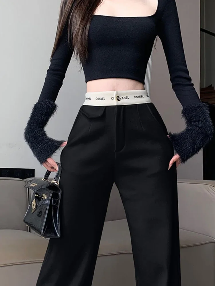 Women\'s Casual Contrast Spliced High Waist Pants Straight Black Pants Street Trendy Chic Loose Trousers Spring Autumn New