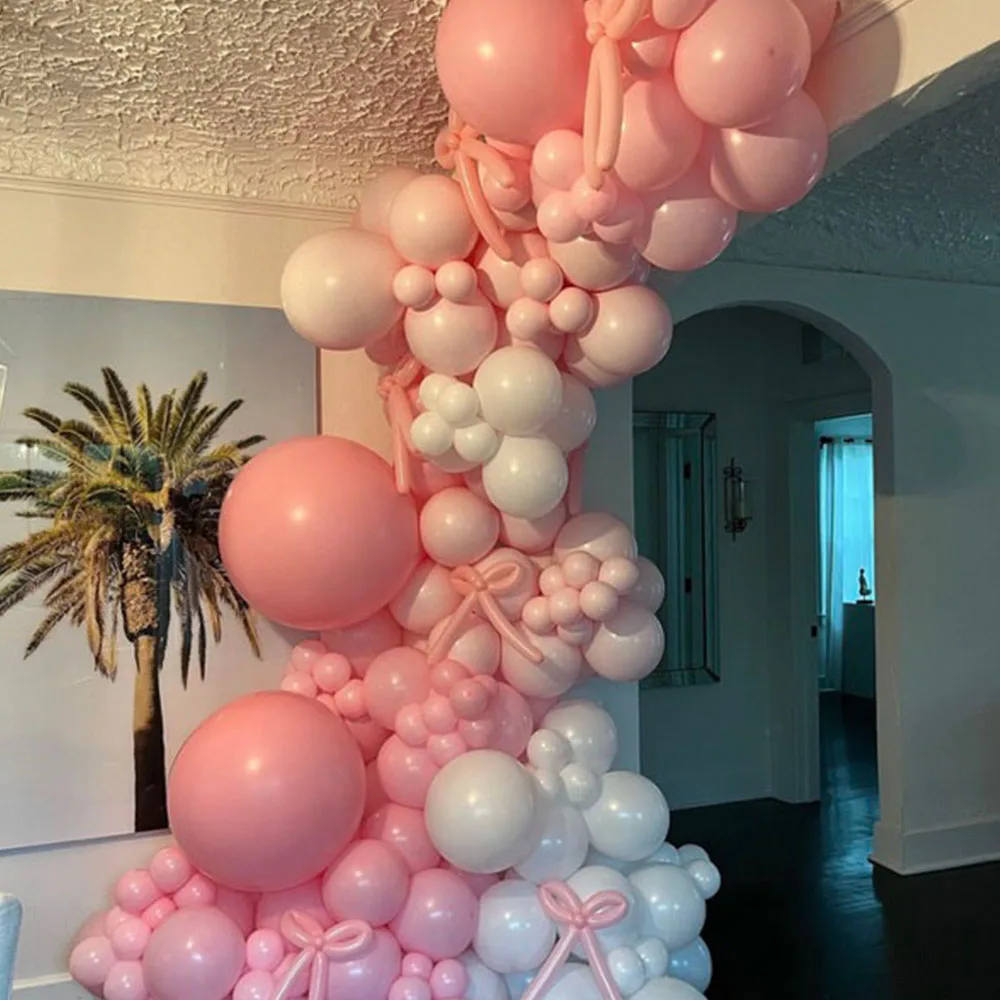 

122pcs Macaron Pink White Balloons Bow Strip Latex Balloons Garland Arch Kit for Tea Party Bachelorette Wedding Valentine's Day