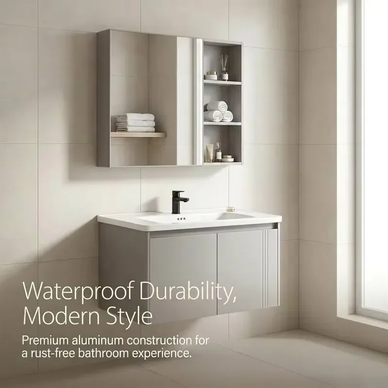 Light Grey Modern Honeycomb Aluminum Bathroom Vanity Set With Ceramic Basin Side Open Storage Mirror Cabinet Slow Close Hinge