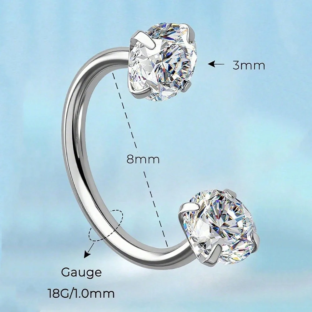 18G 2pcs Horseshoe Nose Rings Studs With 1pc Piercing Taper Ball Grabber, Stainless Steel Double Cubic Zirconia Nose Studs