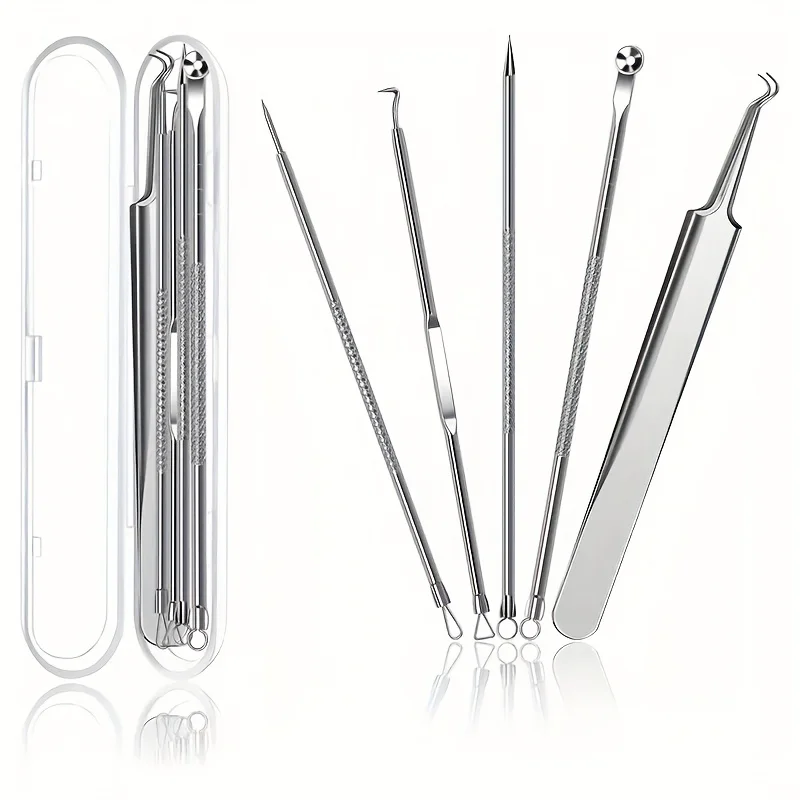Estrattore di comedoni per punti neri da 5 pezzi, kit di pinzette per punti neri curvi, kit di strumenti professionali per imperfezioni di brufoli in acciaio inossidabile