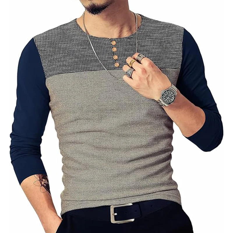 Men‘s Slim Fitted Casual Long-Sleeve Button T-Shirts Contrast Color Stitching Top Tees