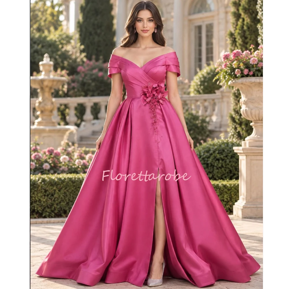 Satin A Line Mother of The Bride Dress for Women  Off The Shoulder V Neck 3D Flower  Split Side Formal  Party Gown Dress Customi