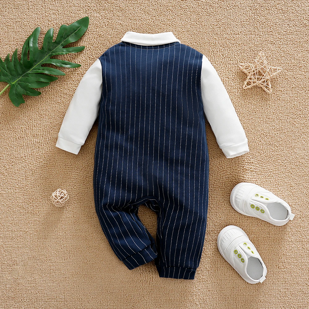 1 Pcs Baby Boy Clothes Gentleman Style Long Sleeves with Red Bowtie Jumpsuit