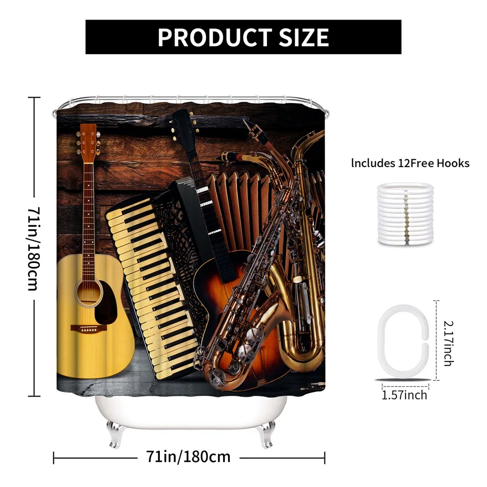 1PC, musical instrument meeting, modern home bathroom waterproof shower curtain with 12 plastic hooks, 71in*71in