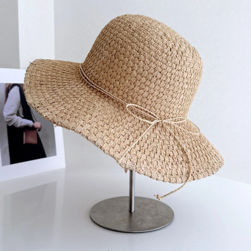 Luxury Hand Wwoven Color Matched Fisherman Hat Summer Outings Sun Protection Straw Hat Fashionable Checkered Rafi Grass Hat