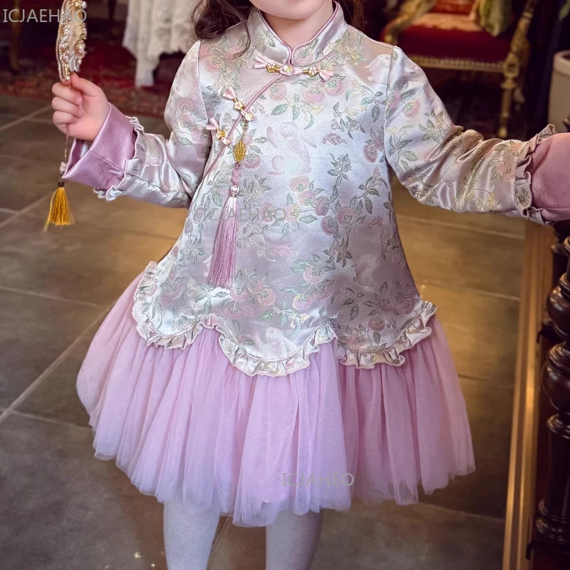 Girls Chinese Style Floral Princess Gown Children Traditional Party Attire Elegant Outfit Fleece Lined Cheongsam Winter Dress