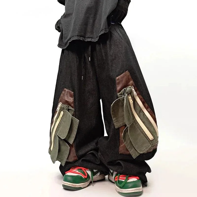 Men Cargo Jeans Multi Pocket Wide Leg Trousers Loose Streetwear Hip Hop Retro Fashion Bottoms 2026 Spring New ZSW3