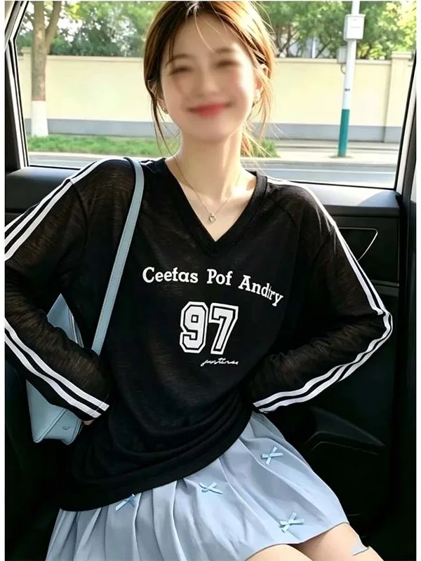 Retro American Sporty Style V-Neck Long Sleeve Printed T-Shirt Women Loose Slimming Black Sexy Three Bars Sun Protection Top