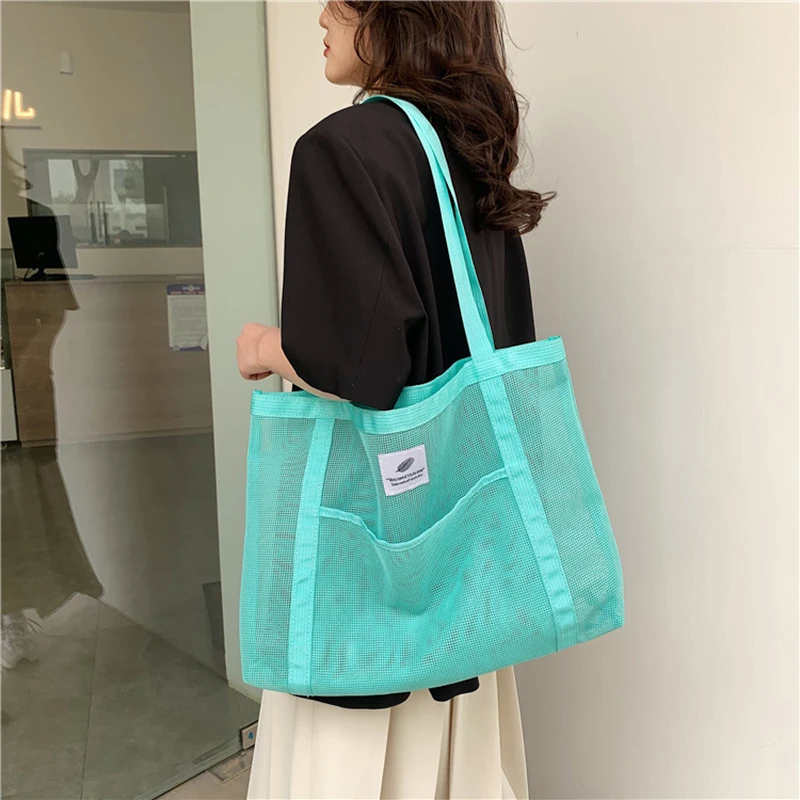 Women Transparent Mesh Shoulder Bag Fashionable Portable Shopping Travel Beach Mesh Net Tote Handbag