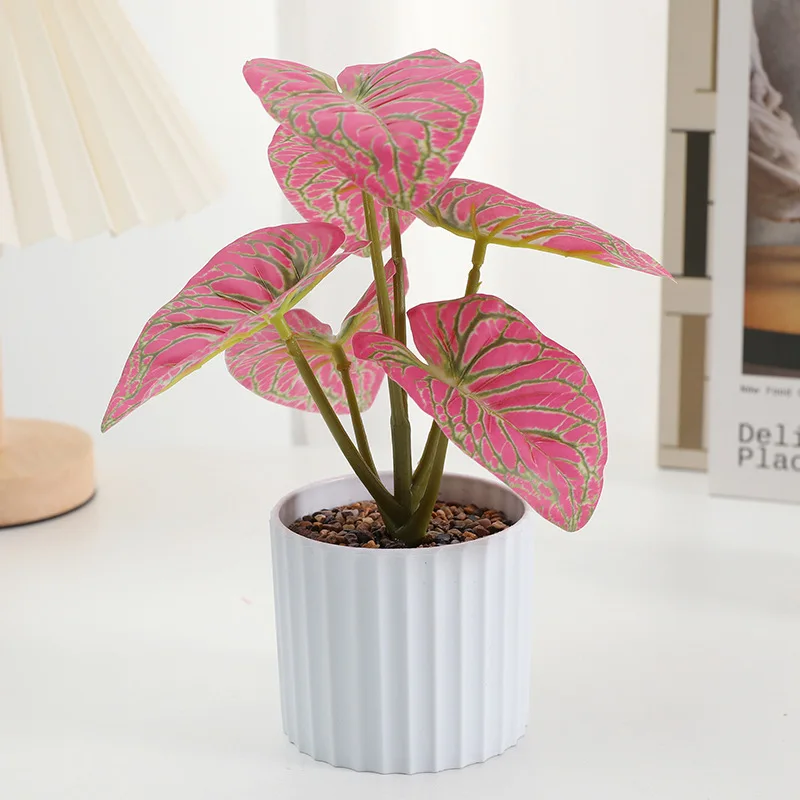 Artificial Green Potted Plant Striped Pot Six Leaf White Planter Home Decor Desktop Ornament Accessories