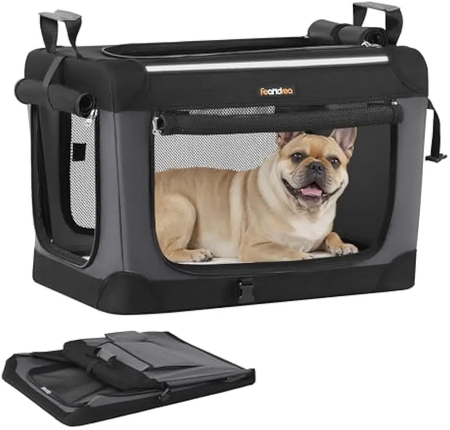 

Collapsible Dog Crate, 24-Inch Portable Pet Carrier for Small Dogs with Mesh Doors, Handles, Storage Pocket, Water Bottle Holder