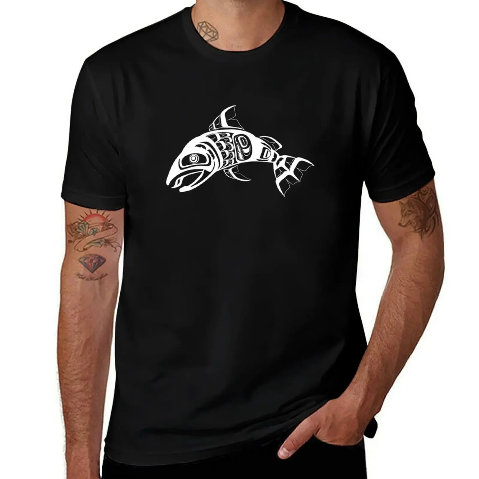 White Salmon native formline design T-Shirt graphic tee shirt sports fans mens clothing