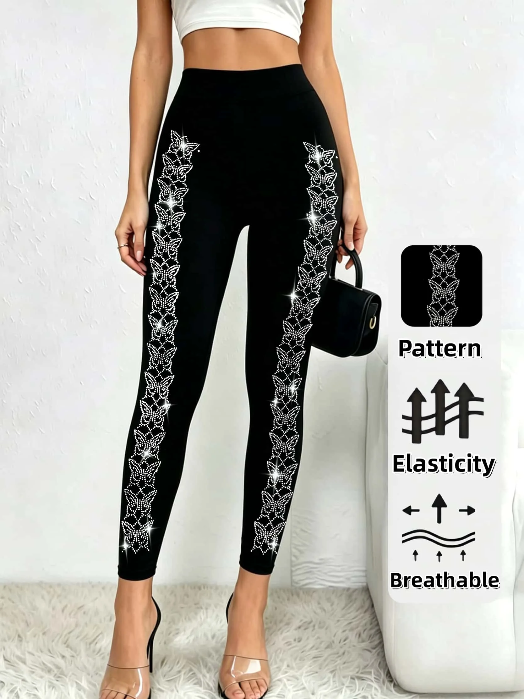 Women's Sparkly Rhinestone Butterfly Side Tight Leggings Sexy Clubwear Party Pants High Waist Shiny Stretch Skinny Tights Glitte