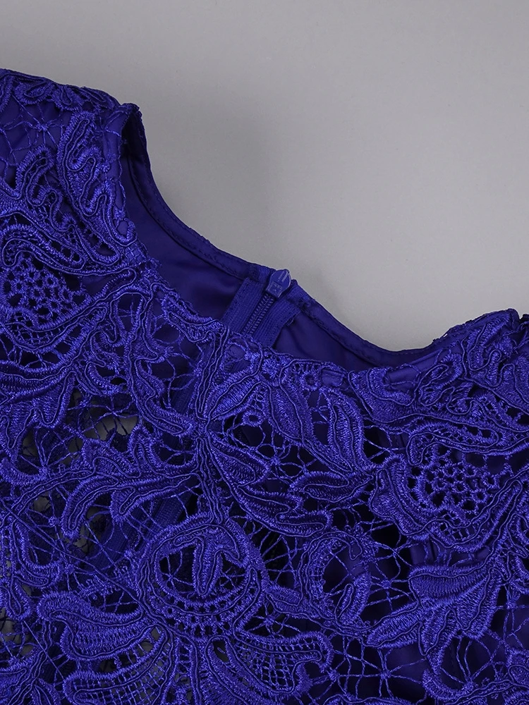 Sexy O cou manches longues voir à travers la robe en dentelle avec tour de cou femmes bleu évider pure Mini robes Cocktail robe de soirée