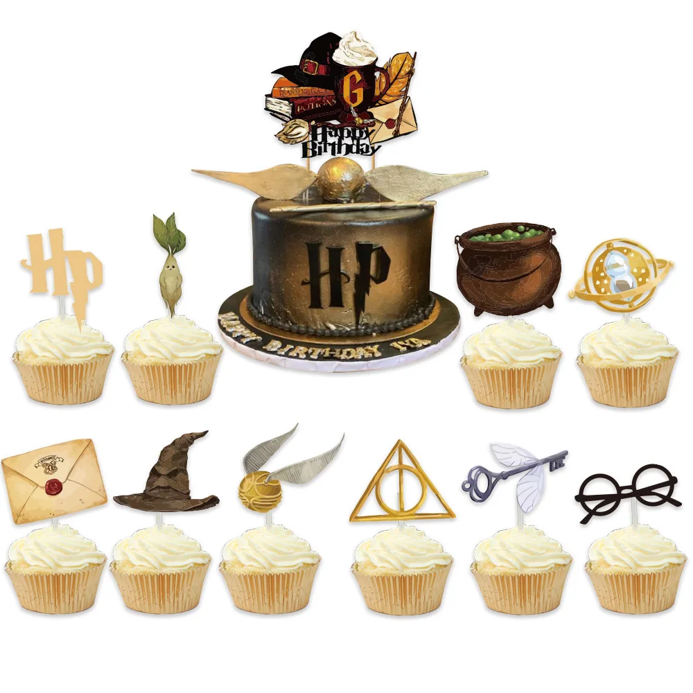 School of Witchcraft and Wizardry Themed Cake Insert Topper Flag-Planting Hogwarts Cute Cartoon Kids Birthday Party Decoration