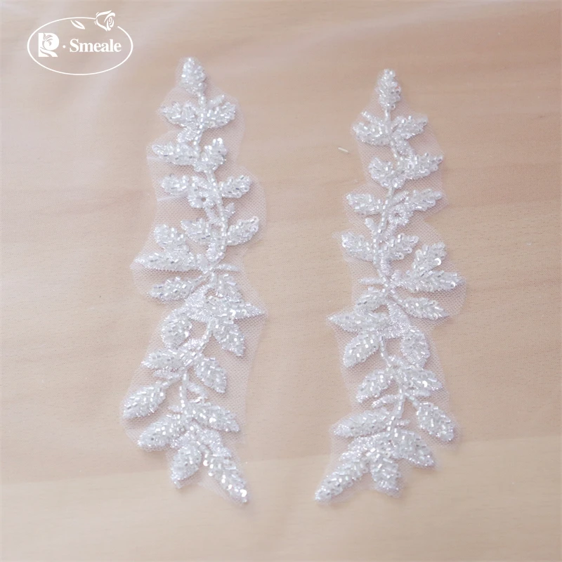 10 Stück. Silberne Perlenblumenblätter Stickerei-Applikation, Hochzeitskleid Kopfschmuck Spitze Spiegelblume RS253012 – Detail 4