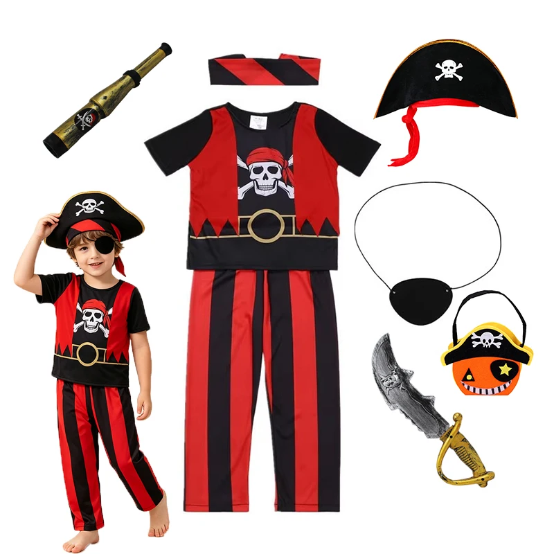 Jungen Piratenkostüm-Set Kurzarm-Oberteil Lange Gestreifte Hose Halloween Trick-Or-Treat Geburtstags-Party-Outfit