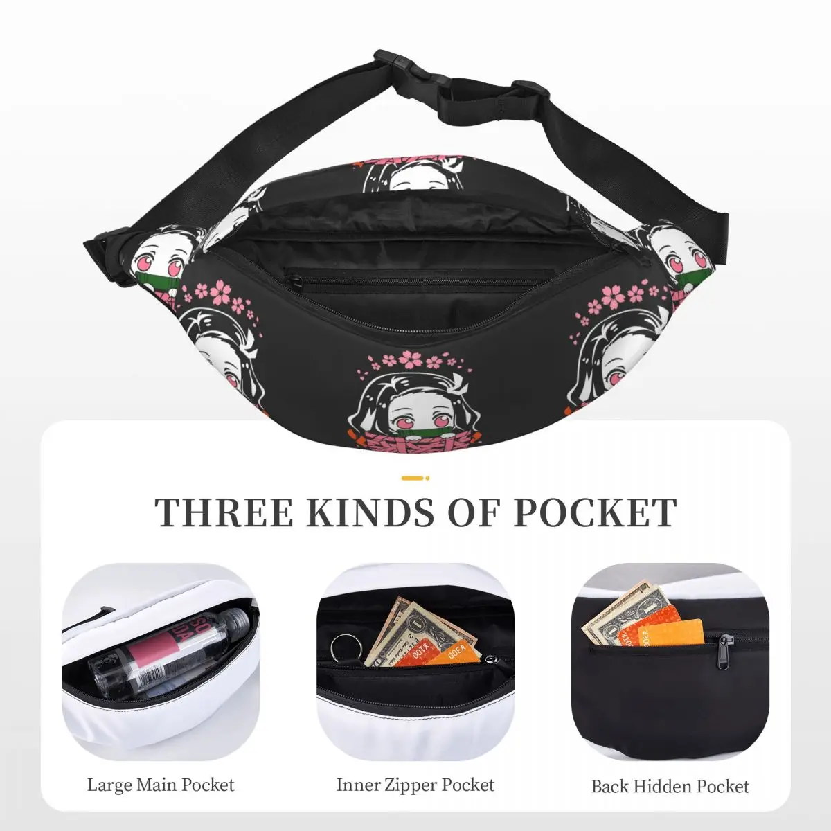 Cool Demon Slayer Kimetsu No Yaiba Fanny Pack for Running Men Women Nezuko Kamado Sling Crossbody Waist Bag Phone Money Pouch