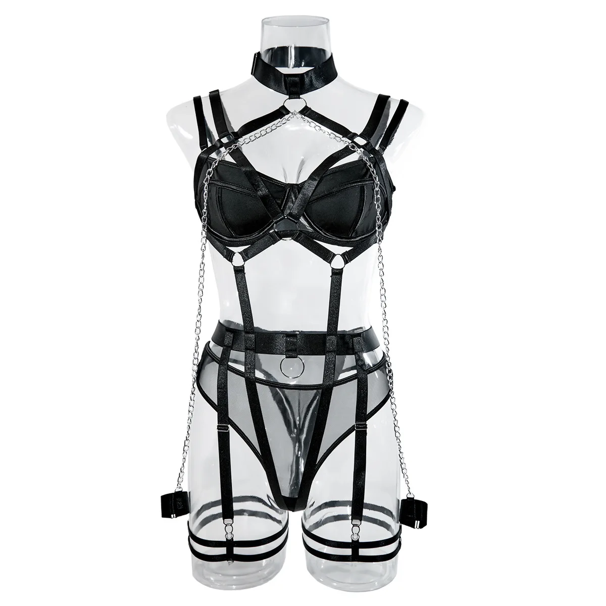 Fashion Sexy Seductive Chain Lingerie Four Piece Set Women\'s Solid Exotic Apparel Suit Female Stain Pure Desire Style Underwear
