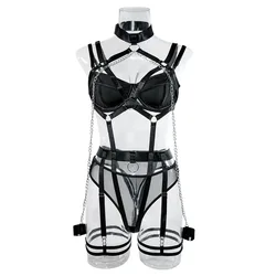 Fashion Sexy Seductive Chain Lingerie Four Piece Set Women's Solid Exotic Apparel Suit Female Stain Pure Desire Style Underwear