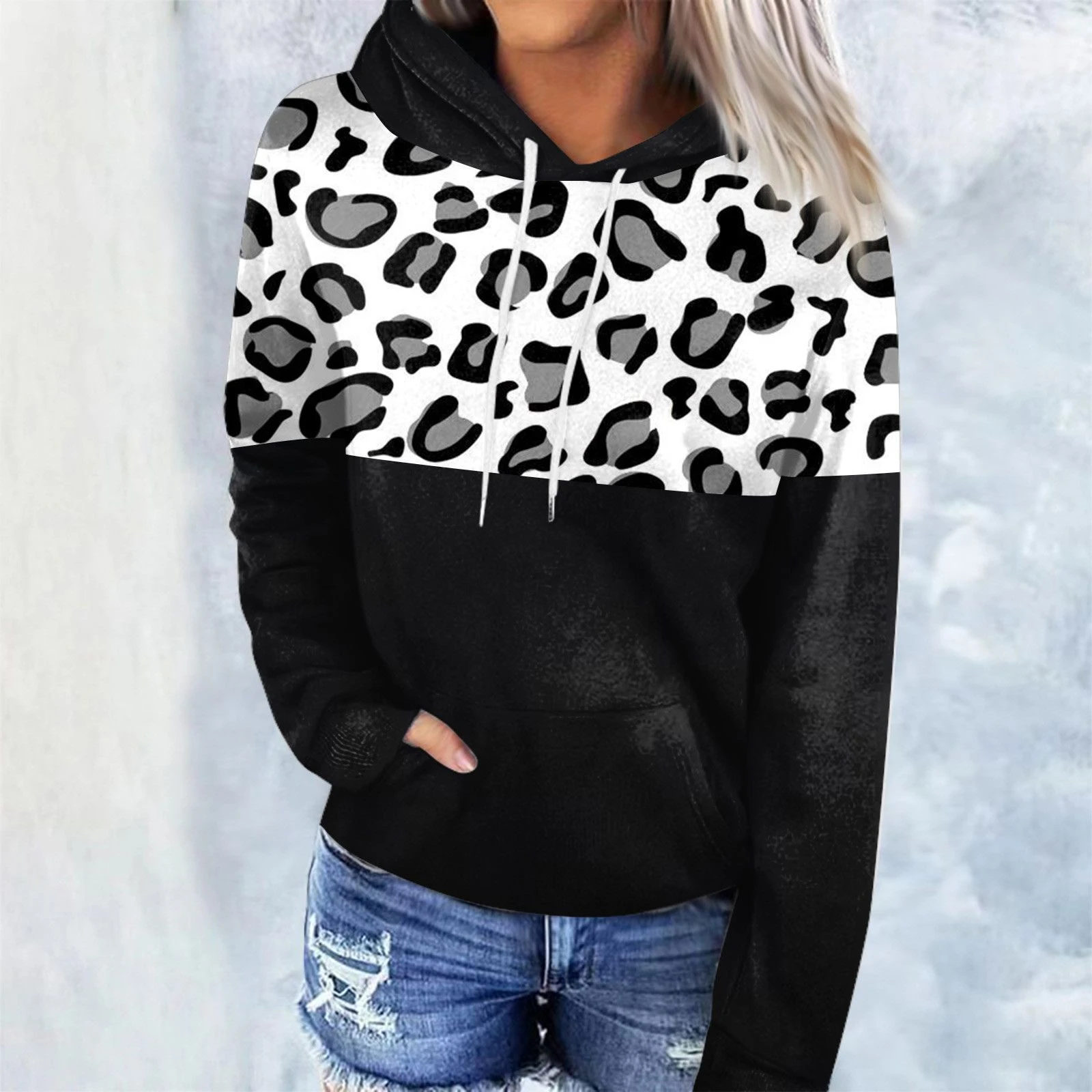 Women\'s Leopard Plaid Color Blocking Hoodie, 3D Print Sweatshirt, Autumn Winter Clothing, Loose Pullover, Plus Size, Hot Sales