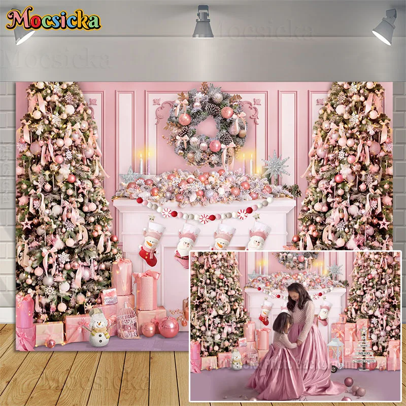 Pink Christmas Photography Backdrops Xmas Tree Fireplace Classic Wall Gift Holiday Party Family Portrait Background Photo Studio