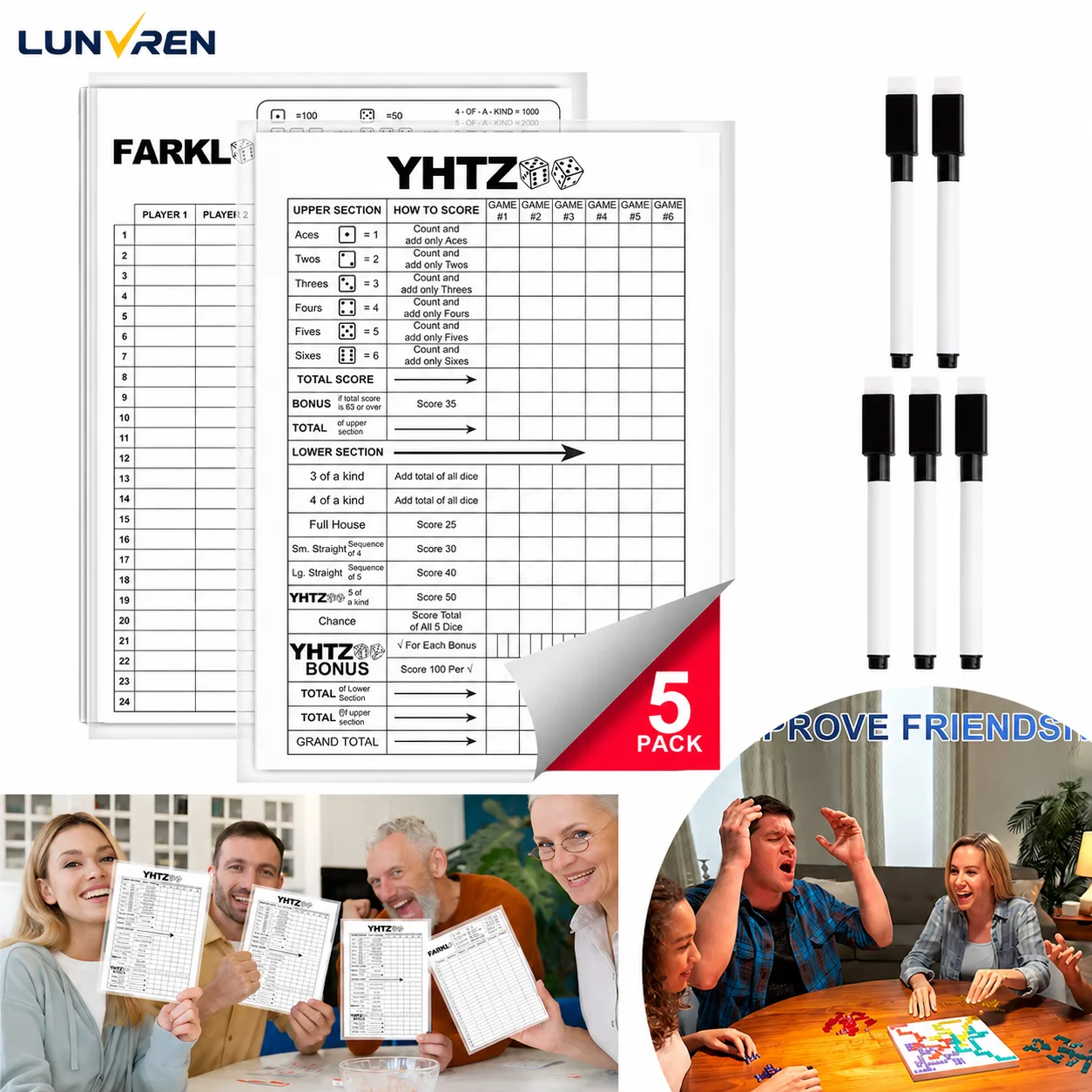 5 tarjetas de puntuación laminadas grandes de Yardzee & Farkle (11,5 pulgadas x 8 pulgadas) con reglas: almohadillas grandes reutilizables de borrado en seco para dados gigantes al aire libre